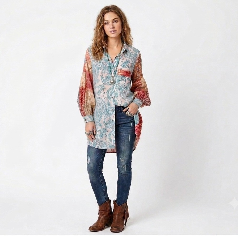 POL Button Down Shirt Large Multicolor Paisley Patchwork Lantern Sleeve